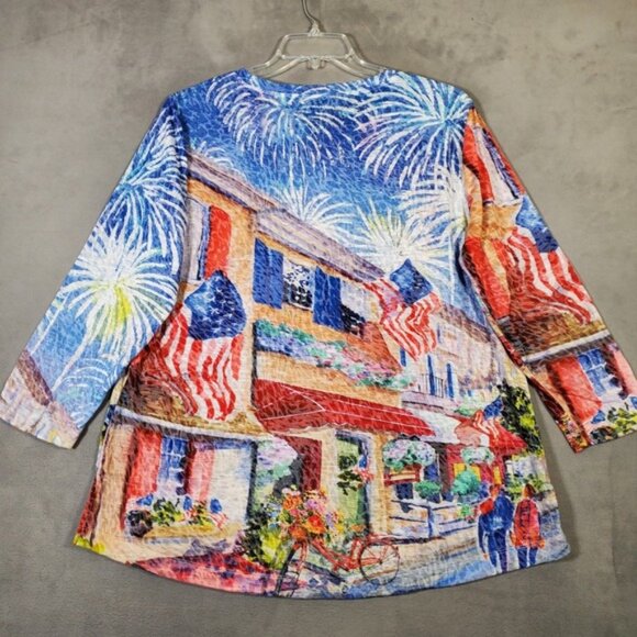 Ali Miles Top Womens XL US Flag Fireworks 3/4 Sleeve Art to Wear Americana Boho - Picture 2 of 7